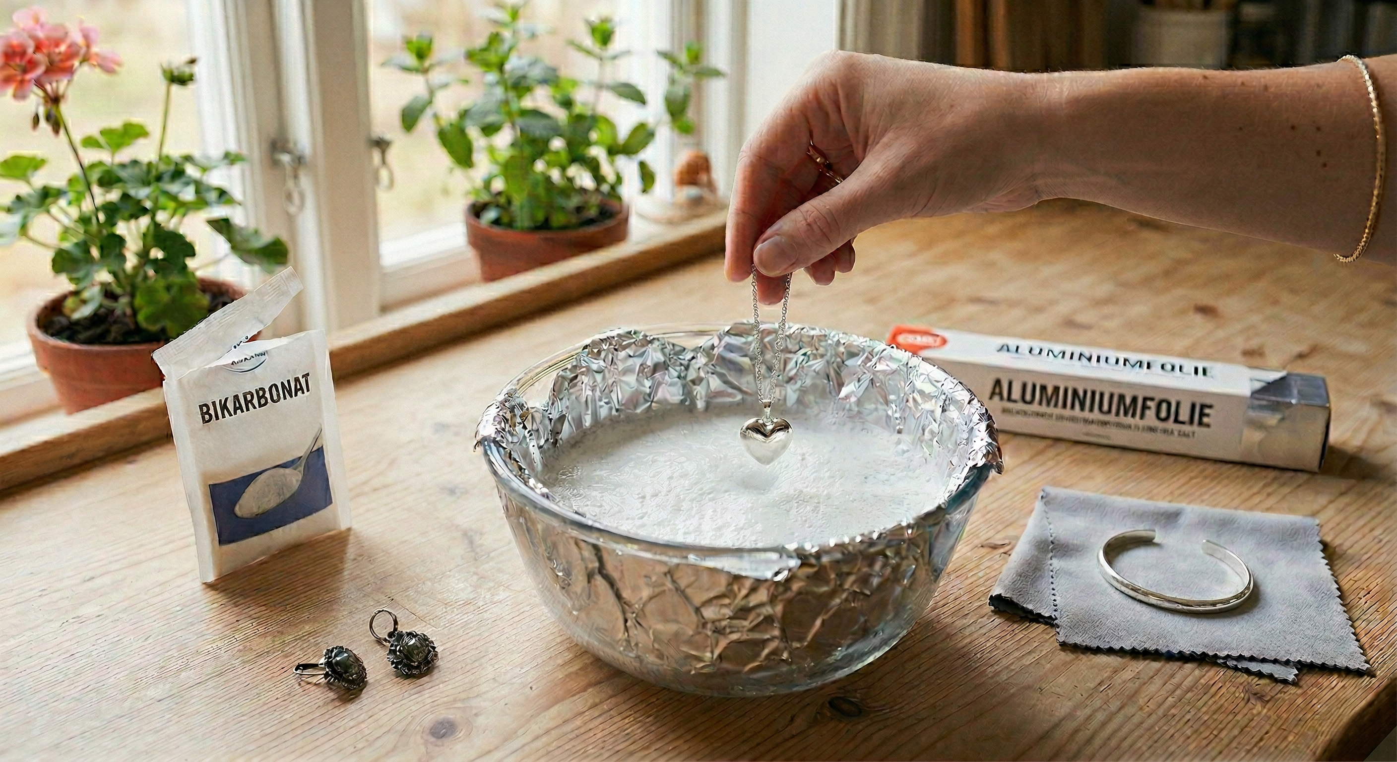 En kvinna rengör ett hjärtformat silverhalsband i en glasskål med aluminiumfolie och bikarbonat. Husmorsknep för att putsa silversmycken hemma.