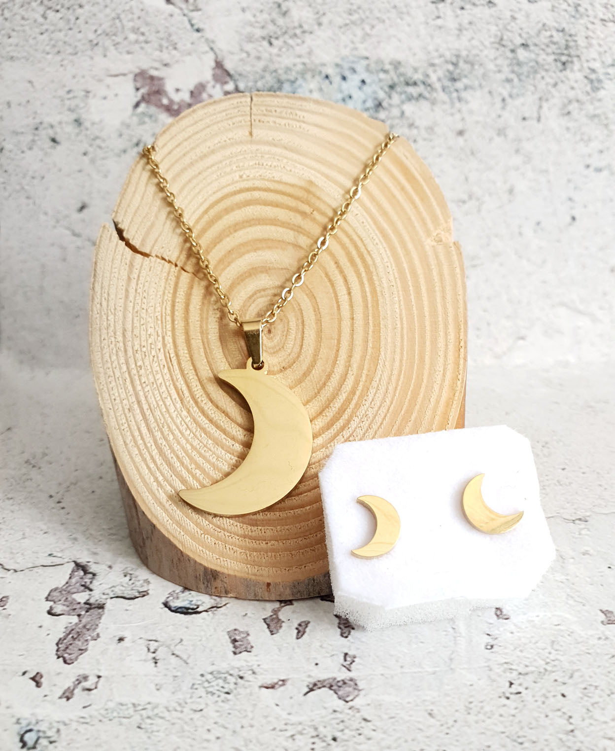 Måne - Set med örhängen och halsband - rostfritt stål