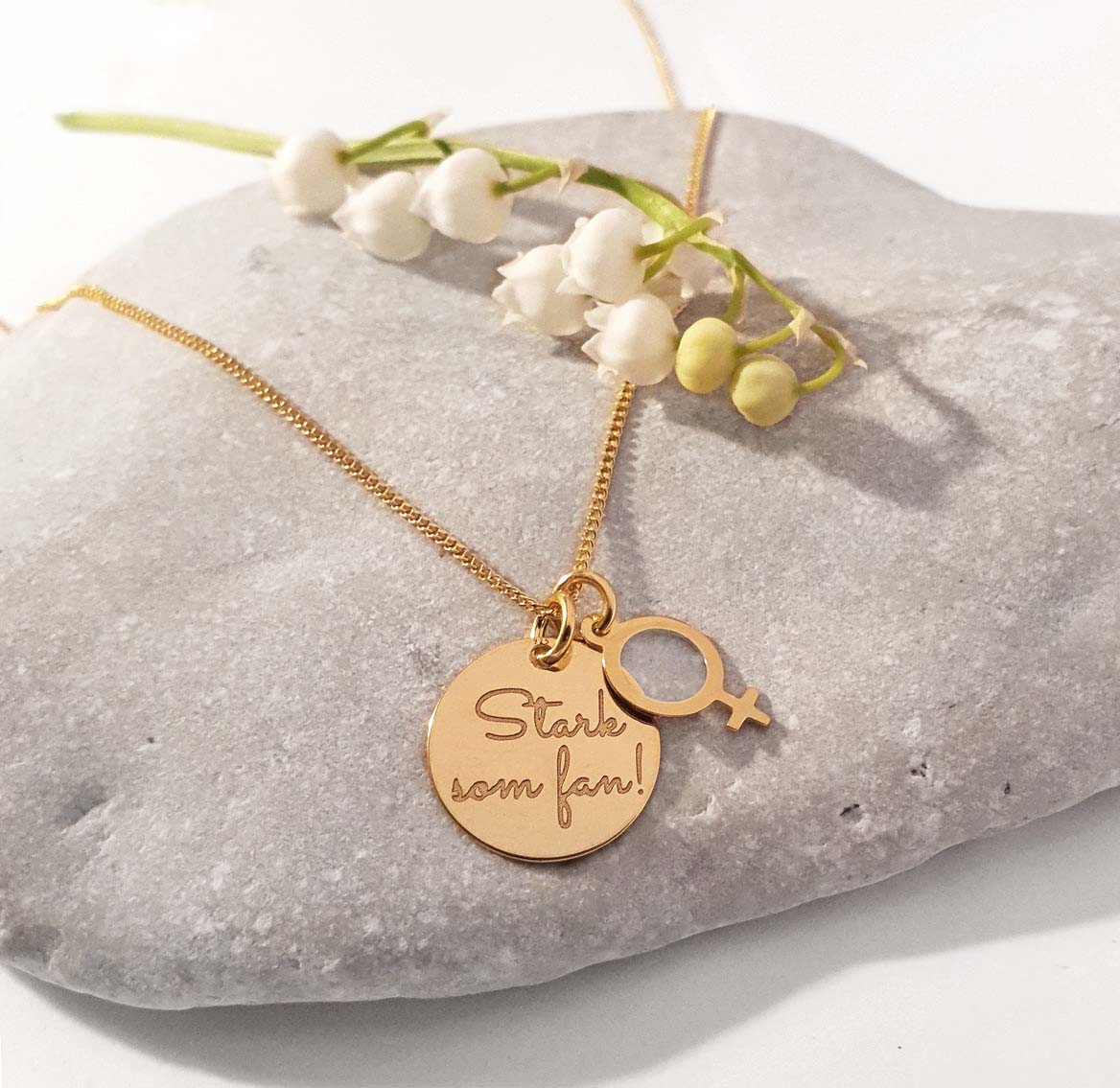 Halsband "Stark som fan!" med kvinnosymbol - Guldpläterat Silver 925